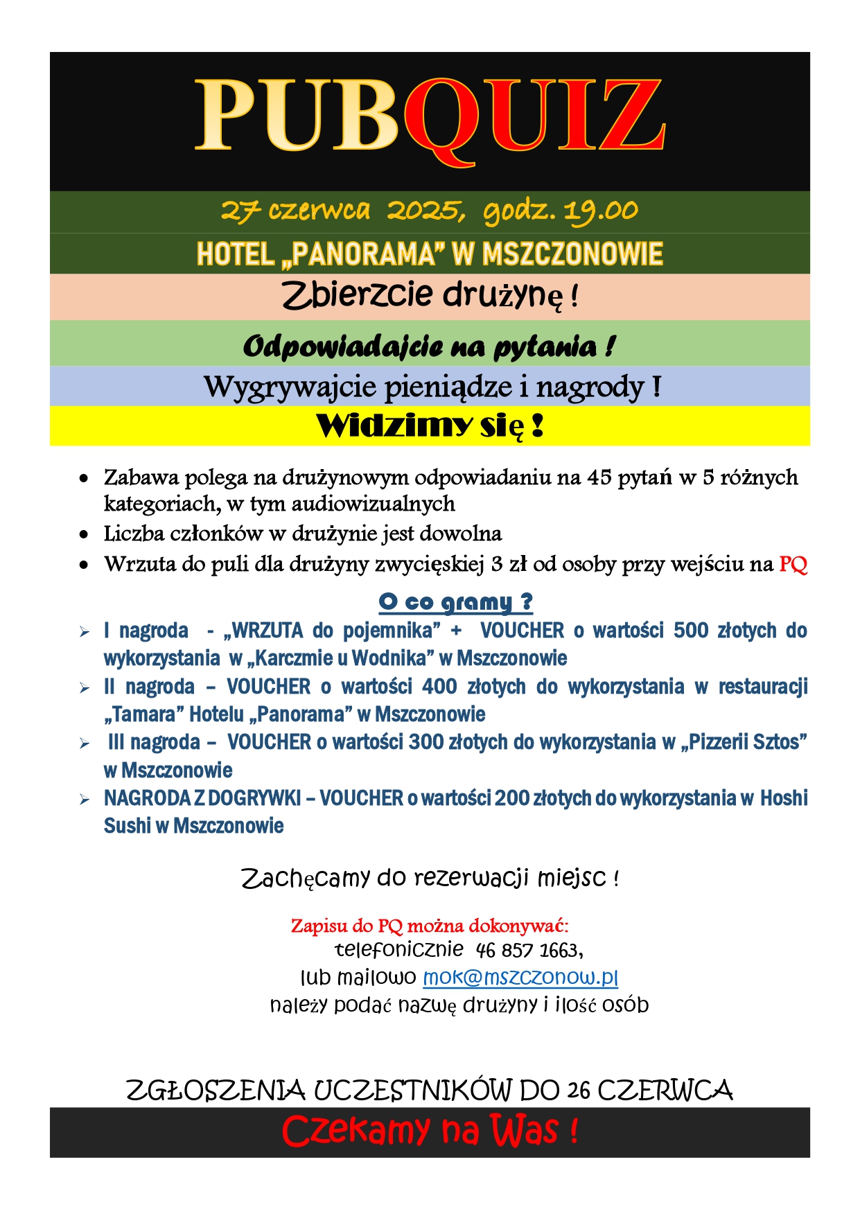 27 czerwca zapraszamy na PubQuiz, w Hotelu Panorama o godzinie 19.00.