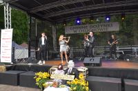 Występ zespołu muzycznego, na scenie wokalista, muzycy, skrzypaczka.