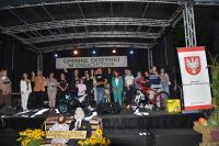 Organizatorzy i uczestniczący w konkursach podczas dożynek na scenie.