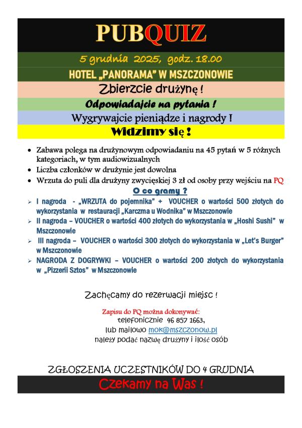 W piątek 5 grudnia o godz. 18.00 zapraszamy na PubQuiz!