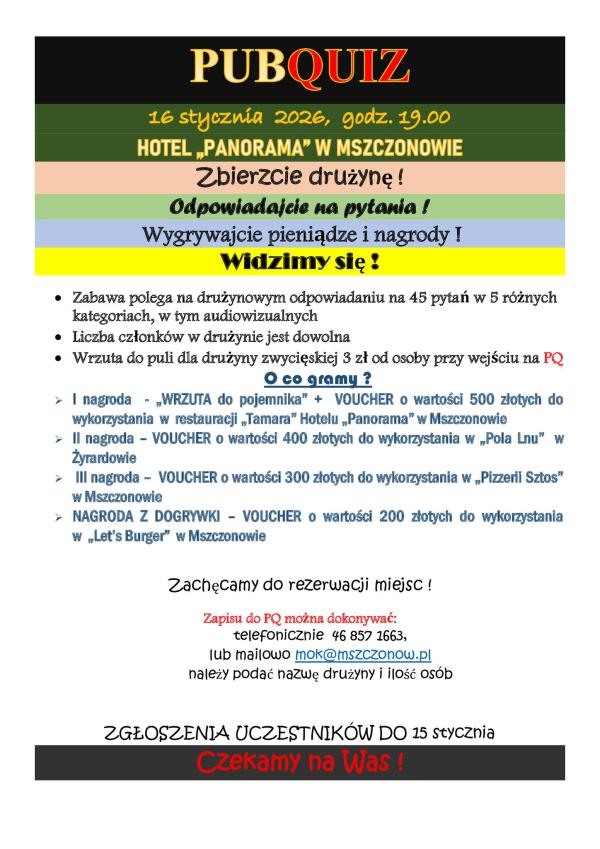 PubQuiz poleca się Państwa uwadze, zapraszamy w piątek 16 stycznia!