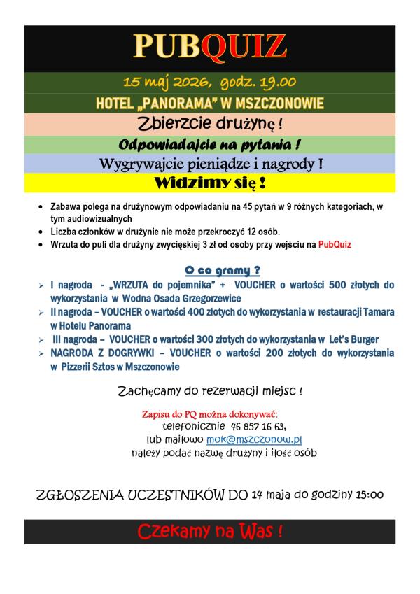 PubQuiz poleca się uwadze, najbliższy 15 maja!