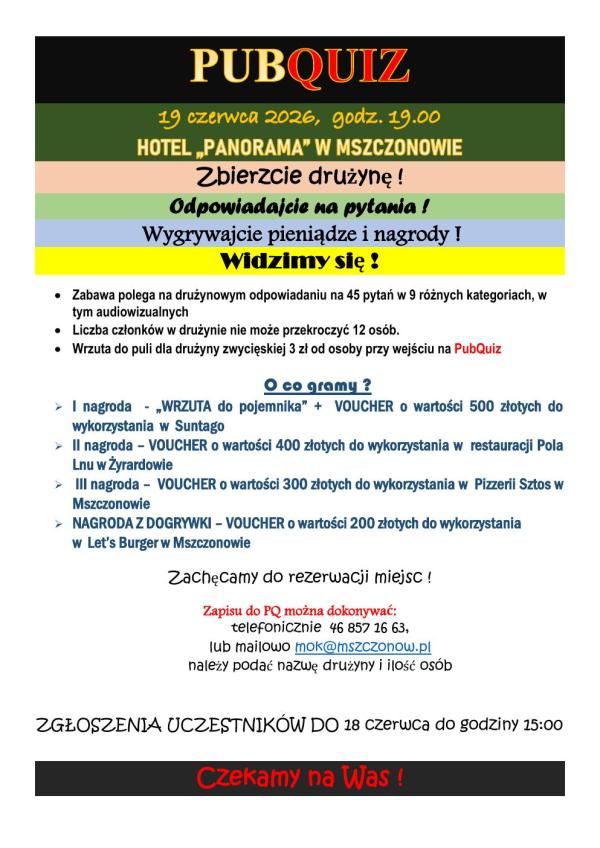 Zapraszamy na PUBQUIZ- 19 czerwca o godzinie 19.00!